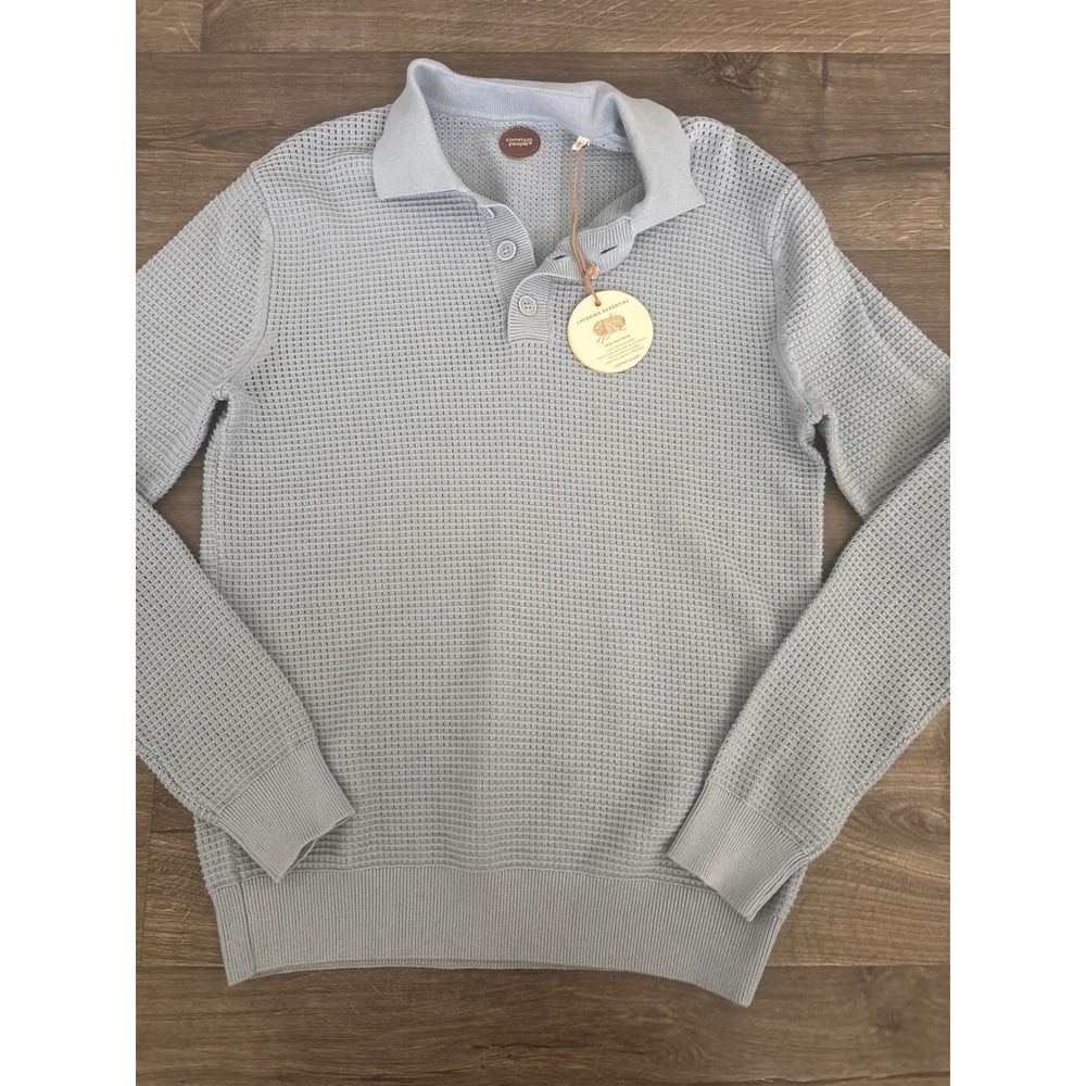 Common People Mens Cotton Waffle Knit Polo Shirt Light Blue Grey Small NWT